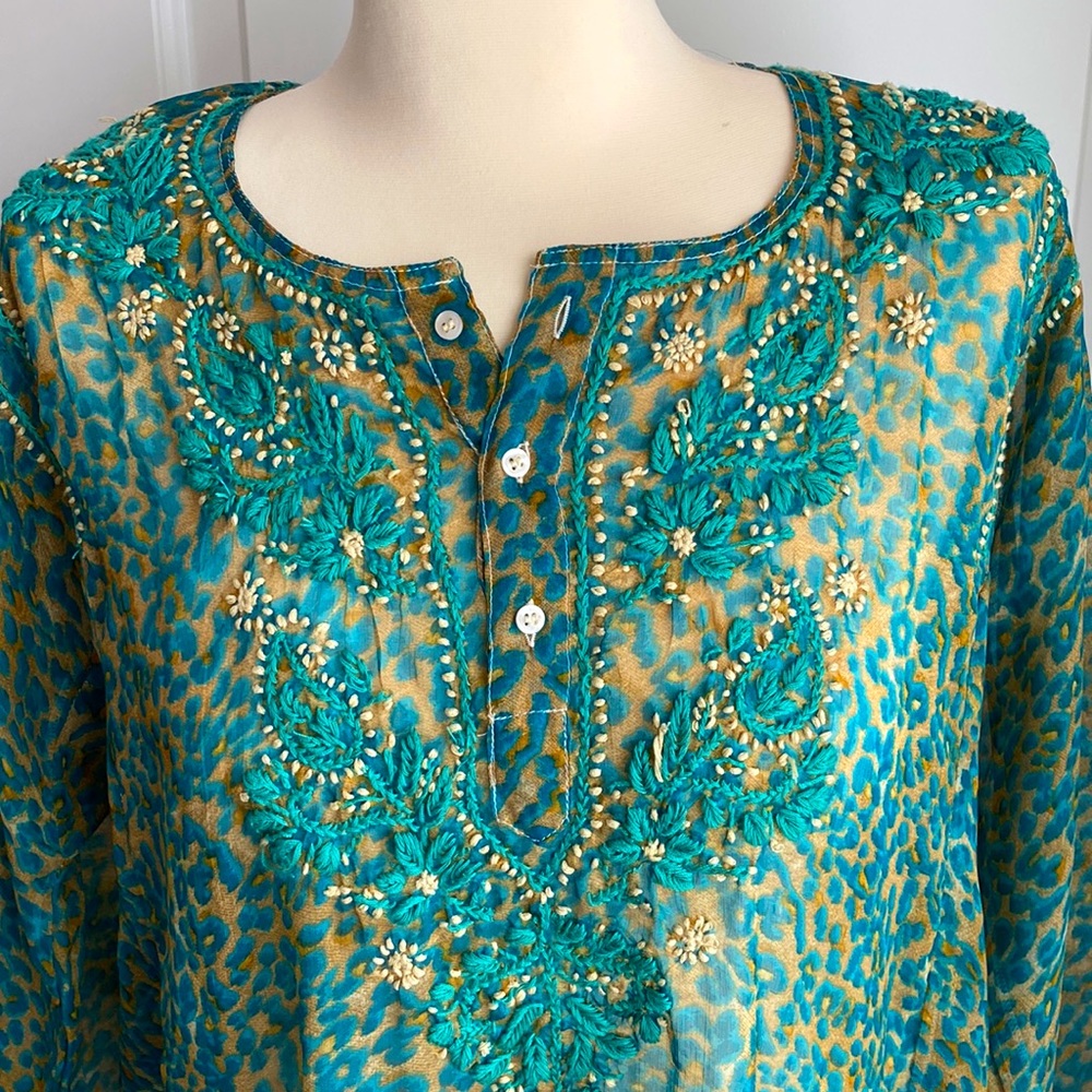 Leopard Print Sheer Tunic with Embroidery Size M